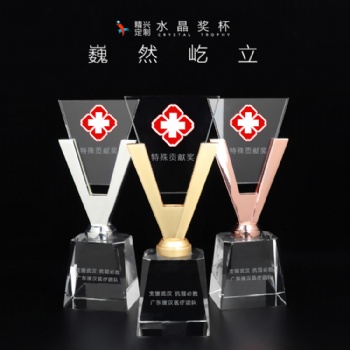 抗疫救灾志愿者感谢牌 胜利水晶纪念奖杯 厂家