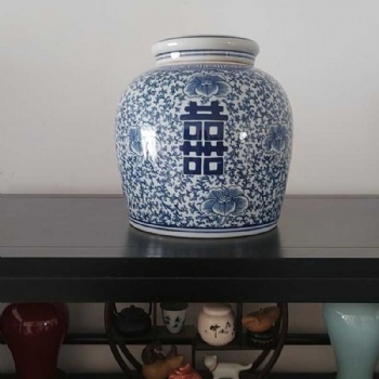 青花喜字罐，景德镇陶瓷花瓶，插花花瓶，陶瓷罐子